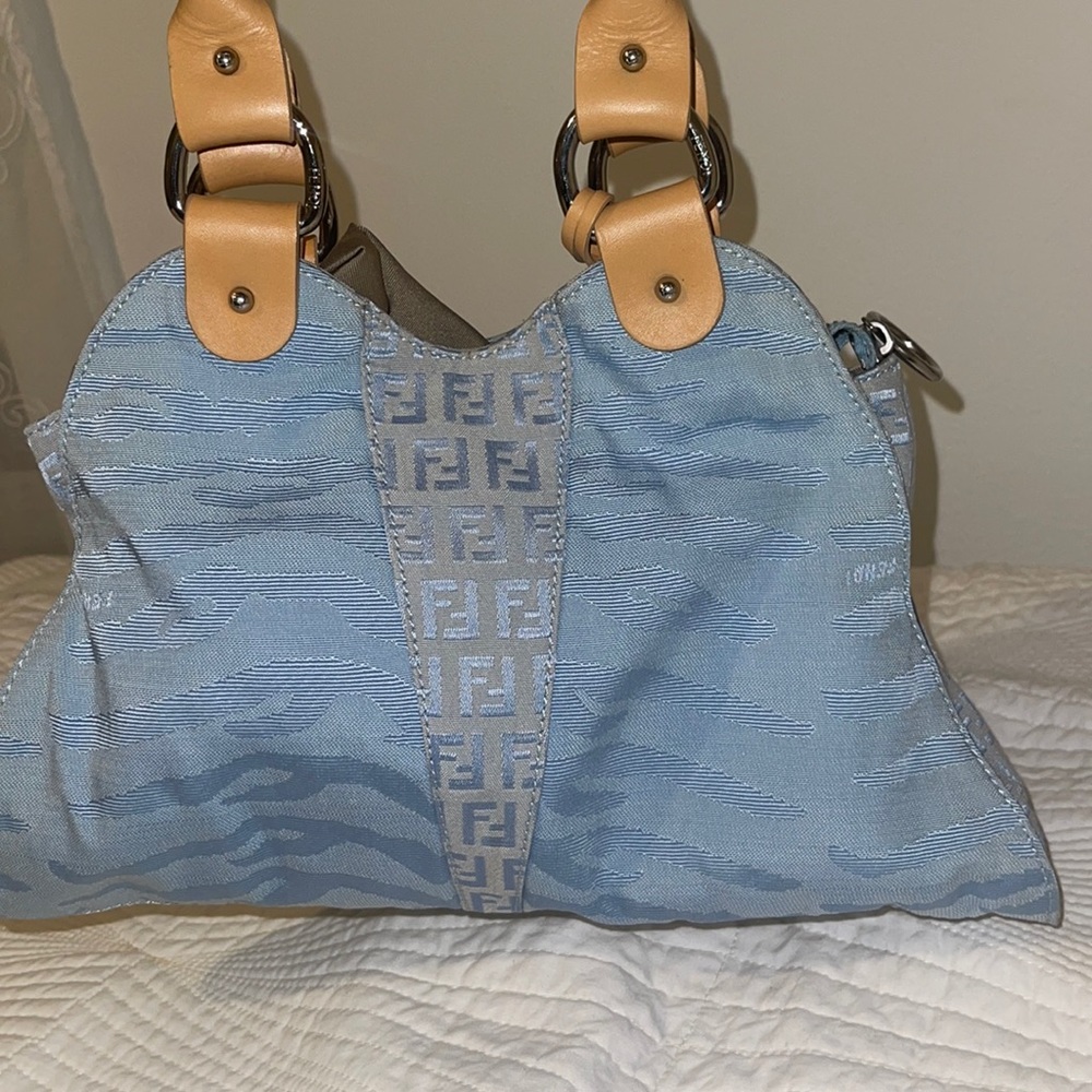FENDI BAG PURSE LIGHT BLUE CANVAS TAN W/ DUST BAG